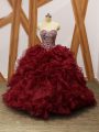 Fantastic Burgundy Sleeveless Organza Brush Train Lace Up 15 Quinceanera Dress for Military Ball and Sweet 16 and Quinceanera