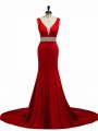 V-neck Sleeveless Prom Dress Brush Train Beading Wine Red Elastic Woven Satin