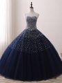 Navy Blue Ball Gowns Beading Quince Ball Gowns Lace Up Tulle Sleeveless Floor Length