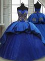 Royal Blue Satin and Tulle Lace Up Sweetheart Sleeveless Sweet 16 Dresses Sweep Train Beading and Appliques