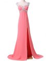 Custom Fit Watermelon Red Prom Dress Sweetheart Cap Sleeves Brush Train Zipper