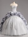 Charming Sleeveless Taffeta and Tulle Brush Train Lace Up 15 Quinceanera Dress in Silver with Beading and Appliques and Pick Ups
