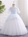 Floor Length Ball Gowns Half Sleeves Blue And White Kids Formal Wear Clasp Handle