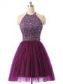 Sleeveless Tulle Mini Length Backless Club Wear in Dark Purple with Beading and Sequins