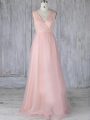 Stylish Tulle V-neck Sleeveless Zipper Lace Wedding Guest Dresses in Baby Pink