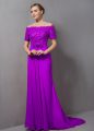 Purple Short Sleeves Chiffon Sweep Train Zipper Mother Of The Bride Dress for Prom and Party