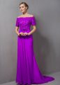 Purple Short Sleeves Chiffon Sweep Train Zipper Mother Of The Bride Dress for Prom and Party