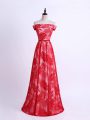 Ideal Red Sleeveless Floor Length Pattern Lace Up Bridesmaids Dress