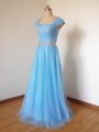 Exceptional Baby Blue Tulle Zipper Square Cap Sleeves Floor Length Bridesmaid Dress Beading