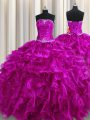 Fuchsia Sleeveless Floor Length Beading and Ruffles Lace Up Ball Gown Prom Dress
