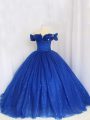 Royal Blue Off The Shoulder Lace Up Hand Made Flower Quinceanera Dress Cap Sleeves