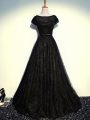 Scoop Short Sleeves Zipper Mother Of The Bride Dress Black Tulle