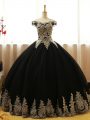 Ball Gowns Quinceanera Dresses Black Off The Shoulder Tulle Sleeveless Floor Length Lace Up