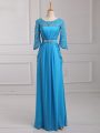 Empire Mother Of The Bride Dress Baby Blue Scoop Chiffon 3 4 Length Sleeve Floor Length Zipper