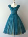 Teal Cap Sleeves Knee Length Ruching Zipper Bridesmaids Dress