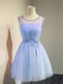 Best Empire Bridesmaid Gown Lavender Scoop Tulle Sleeveless Knee Length Lace Up