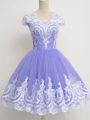 Square Cap Sleeves Wedding Party Dress Knee Length Lace Lavender Tulle