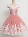 Delicate Peach Cap Sleeves Lace Knee Length Quinceanera Court of Honor Dress