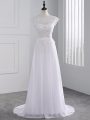 White Backless Bridal Gown Lace Cap Sleeves Brush Train