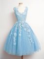 Baby Blue Tulle Lace Up Bridesmaid Dress Sleeveless Knee Length Lace