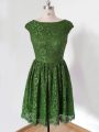 Olive Green Lace Lace Up Scoop Cap Sleeves Knee Length Bridesmaids Dress Lace