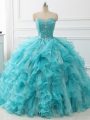 Brush Train Ball Gowns Sweet 16 Quinceanera Dress Aqua Blue Sweetheart Organza Sleeveless Lace Up