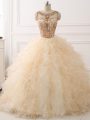 Scoop Sleeveless Sweep Train Lace Up Quinceanera Gowns Champagne Organza