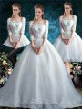 White Off The Shoulder Clasp Handle Lace Wedding Gowns Court Train Half Sleeves