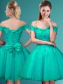 Customized A-line Bridesmaid Gown Turquoise Off The Shoulder Tulle Cap Sleeves Knee Length Lace Up