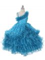 Floor Length Teal Little Girls Pageant Dress Wholesale Asymmetric Sleeveless Lace Up
