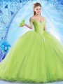 Organza Off The Shoulder Sleeveless Brush Train Lace Up Beading Sweet 16 Quinceanera Dress in Yellow Green