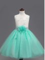 Perfect Knee Length Zipper Kids Pageant Dress Apple Green for Wedding Party with Appliques and Hand Made Flower