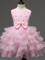 Popular Baby Pink Ball Gowns Scoop Sleeveless Organza Knee Length Zipper Lace and Ruffled Layers and Bowknot Little Girl Pageant Dress