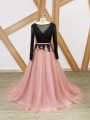Pink And Black Empire Lace and Appliques and Sashes ribbons Celebrity Inspired Dress Zipper Tulle Long Sleeves
