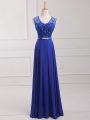 Glamorous Sleeveless Chiffon Floor Length Zipper Homecoming Dress in Royal Blue with Beading and Belt