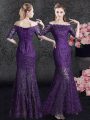 Beautiful Mermaid Off the Shoulder Floor Length Eggplant Purple Mother Of The Bride Dress Lace Half Sleeves Lace