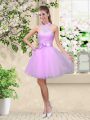 Superior Tulle Halter Top Sleeveless Lace Up Lace and Belt Wedding Guest Dresses in Lavender