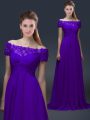 Designer Floor Length Purple Mother Of The Bride Dress Chiffon Short Sleeves Appliques