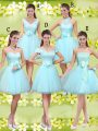 Traditional Aqua Blue A-line Sweetheart Sleeveless Tulle Knee Length Lace Up Lace and Belt Dama Dress for Quinceanera