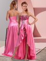 Rose Pink Empire Beading and Sequins and Ruching Prom Dresses Zipper Elastic Woven Satin Sleeveless High Low