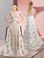 White Prom Party Dress Chiffon Brush Train Short Sleeves Lace and Appliques