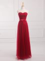 Wonderful Wine Red Tulle and Lace Lace Up Quinceanera Dama Dress Sleeveless Floor Length Belt