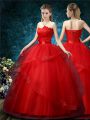 Floor Length Ball Gowns Sleeveless Red Wedding Gown Lace Up