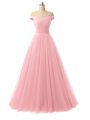 Super Floor Length Baby Pink Dress for Prom Tulle Sleeveless Ruching