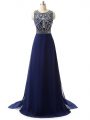 Exquisite Navy Blue Sleeveless Brush Train Beading Evening Dress