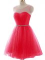 Gorgeous Scoop Sleeveless Prom Party Dress Mini Length Beading and Ruching Coral Red Tulle