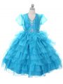 Sleeveless Organza Floor Length Lace Up Little Girls Pageant Dress in Baby Blue with Beading and Ruffled Layers and Bowknot