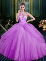 Beading and Pick Ups Ball Gown Prom Dress Lilac Lace Up Sleeveless Floor Length