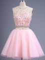 Flare Sleeveless Tulle Knee Length Lace Up Wedding Guest Dresses in Baby Pink with Beading