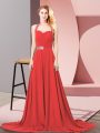 Custom Made Chiffon Sleeveless Prom Evening Gown Brush Train and Beading and Ruching